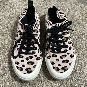 Pink Leopard Print Slip on Sneakers Lace Up Stretch Size 6